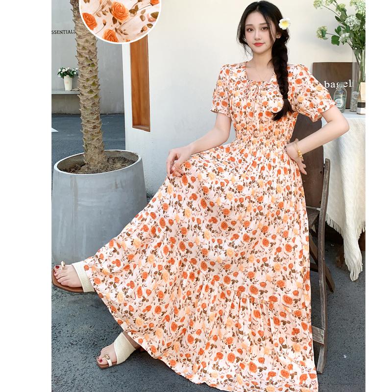 Summer Cotton Silk Floral Print Maxi Dress Bohemian Beachwear High Waist Young Women's Large Skirt Swing Dress