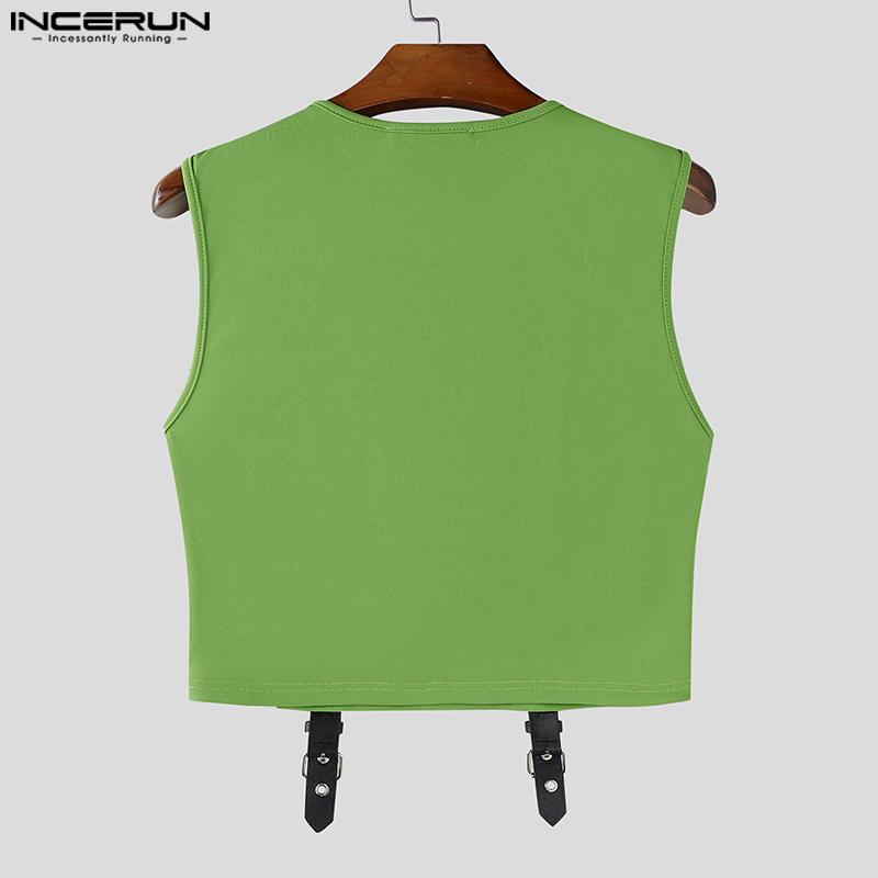 INCERUN Men O Neck Sleeveless Metal Button Patchwork Cropped Tank Tops