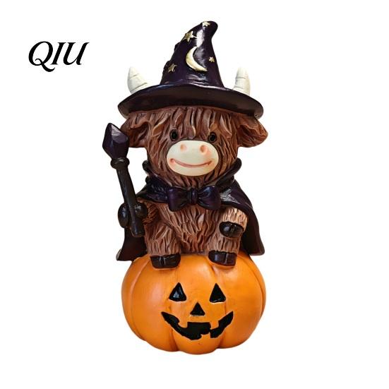Durable Resin Statue Highland Cow Figurine, Halloween Witch Pumpkin Skull Statue, Scottish Decor Ornament for Calf Lovers, Shelf, Tiered Tray, Mantel,