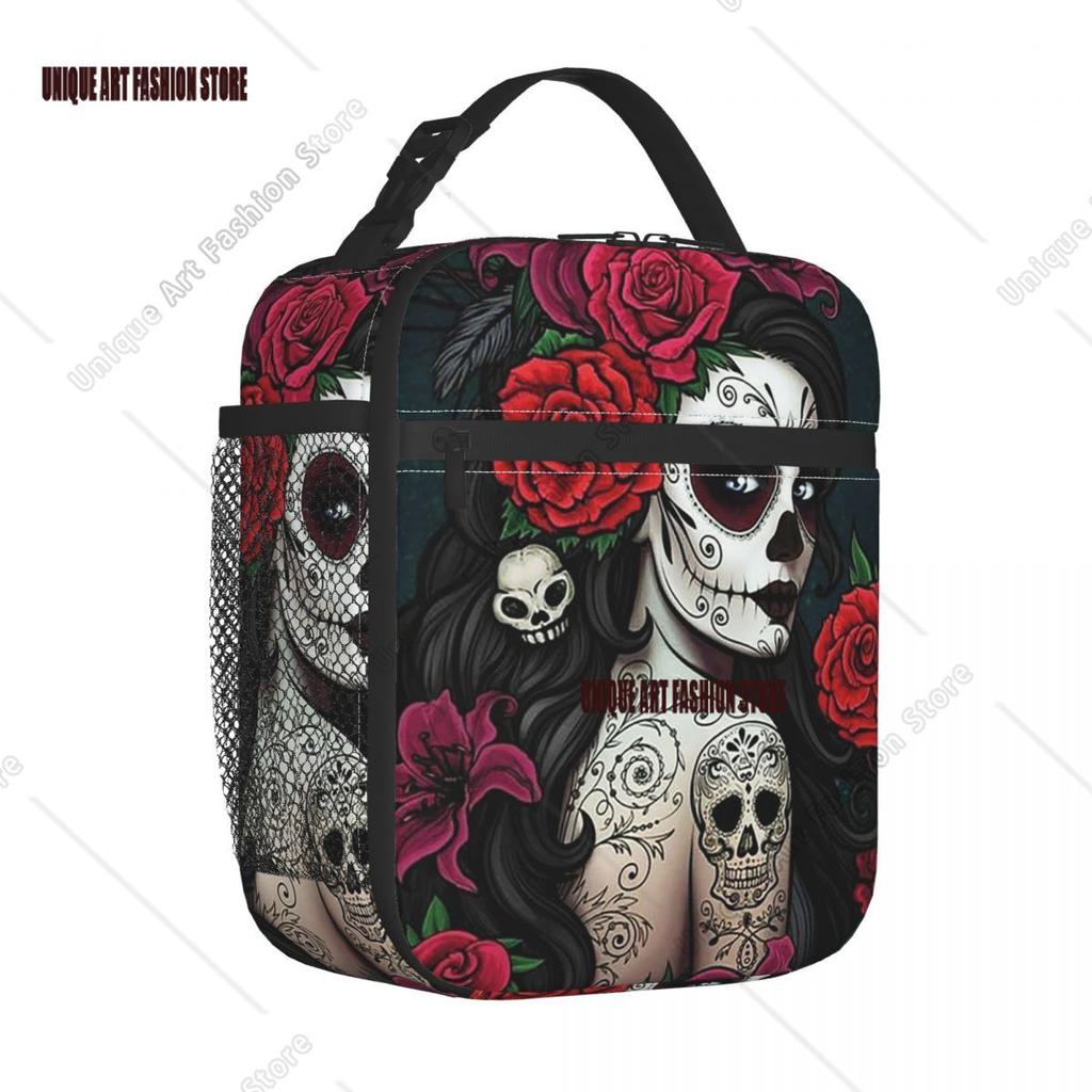 Sugar Skull Insulated Lunch Bags Thermal Bag Meal Container Beautiful Girl Large Lunch Box Tote Food Storage Bags School Outdoor