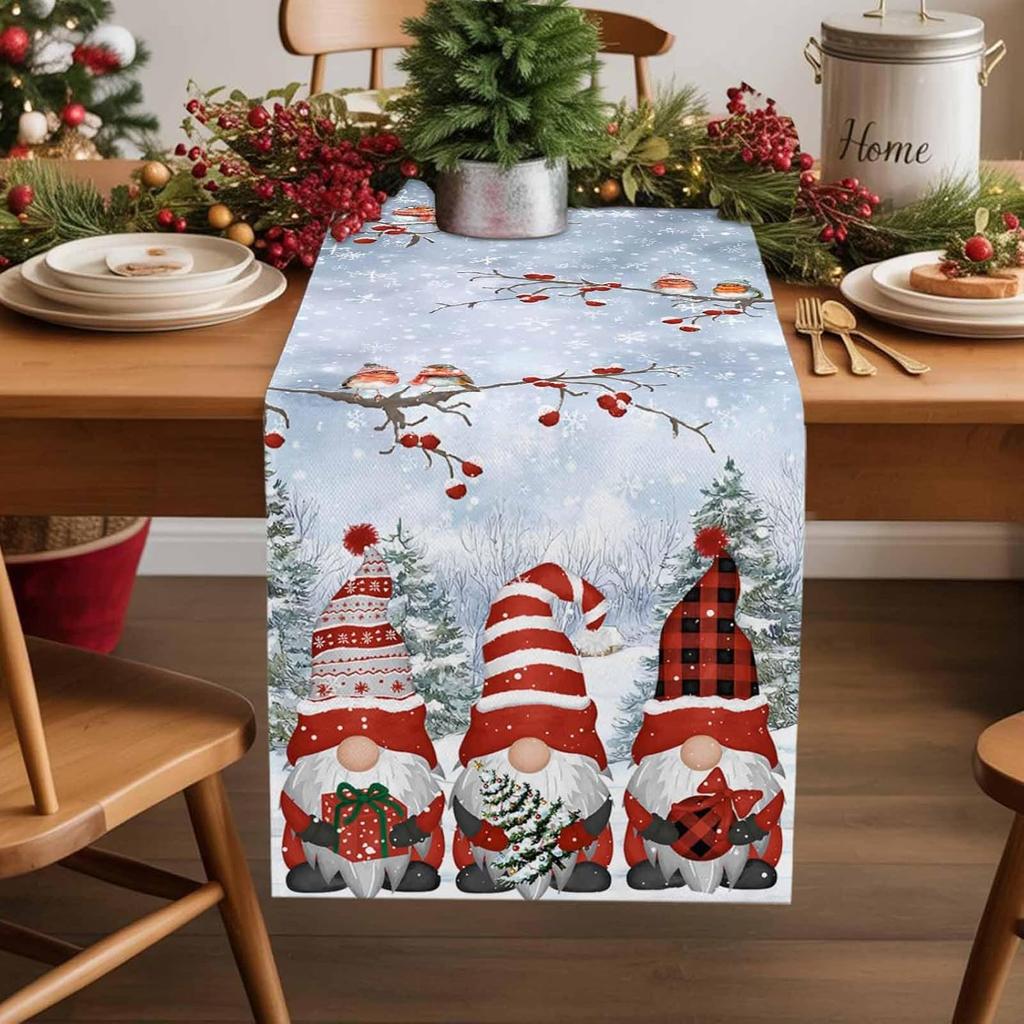 Christmas Gnomes Xmas Tree Linen Table Runner Home Party Decor Winter Snowflakes Bird Dining Table Runners Christmas Decorations