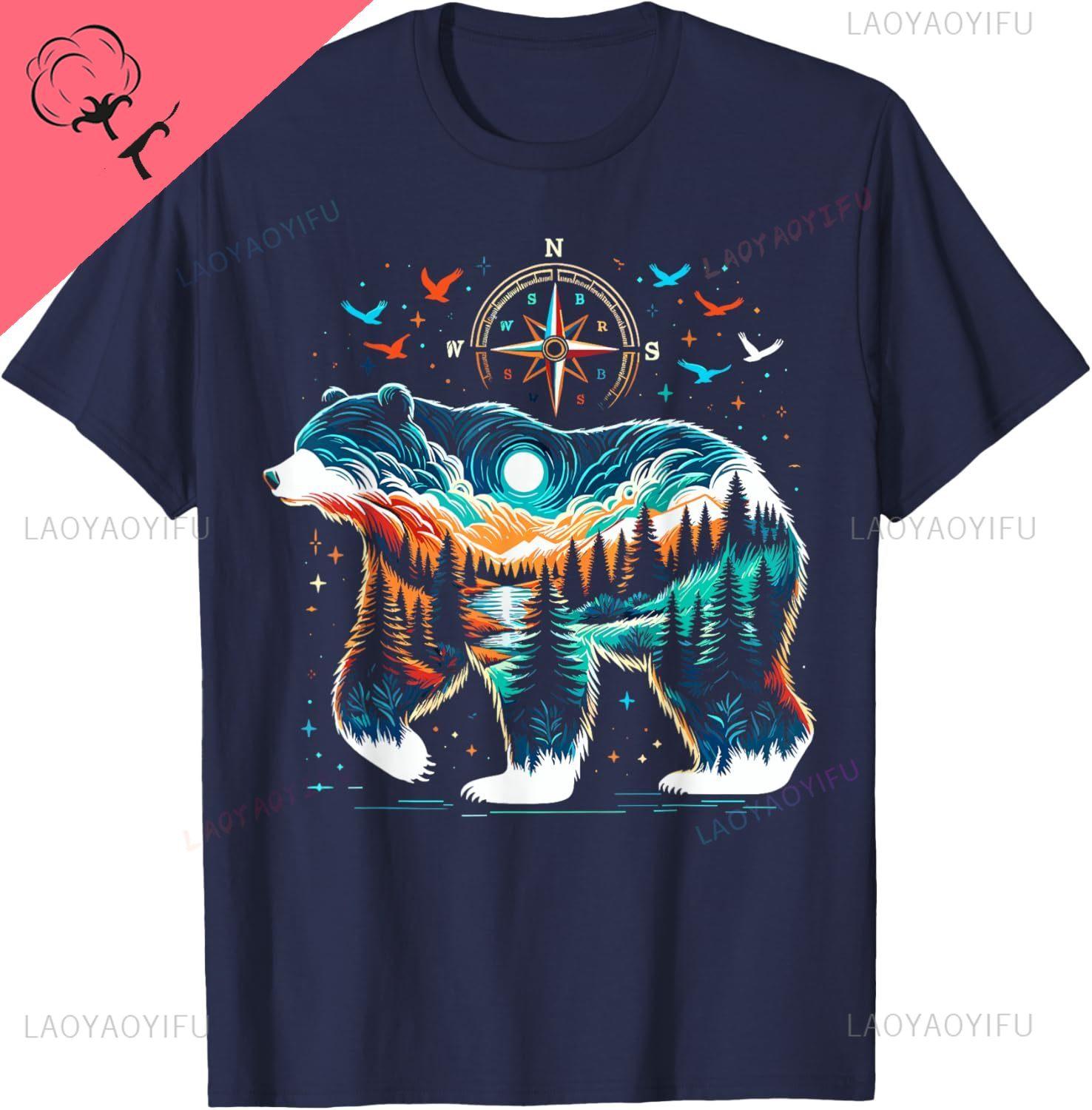 Retro Forest Bear Wildlife Animal Nature Bear Camping TShirt Unisex Summer Streetwear Tops Customizable Streetwear Clothing S