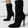 Stivali Eleganti da Donna alla Moda, Pieghettati, a Metà Polpaccio, Punta Sottile, Tacco Alto Sottile, Stivaletti Corti con Zip Laterale, Botas Zapatos De Mujer