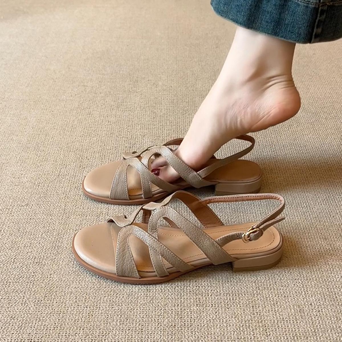 

Sheepskin version~ open-toed leather sandals women s French round head back strap flats comfortable to wear breathable Roman shoes 39