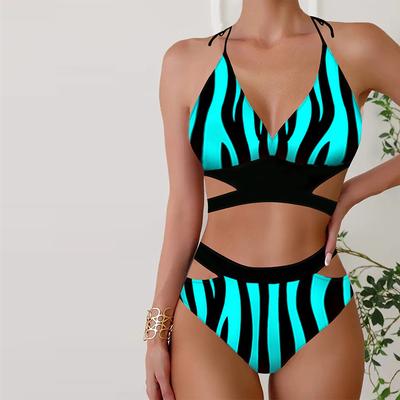 Women's Swimwear Bikini 2 Piece Swimsuit Backless Halter Beach Wear Blue Stripes Print Bathing Suits Hanging Neck Swimsuit