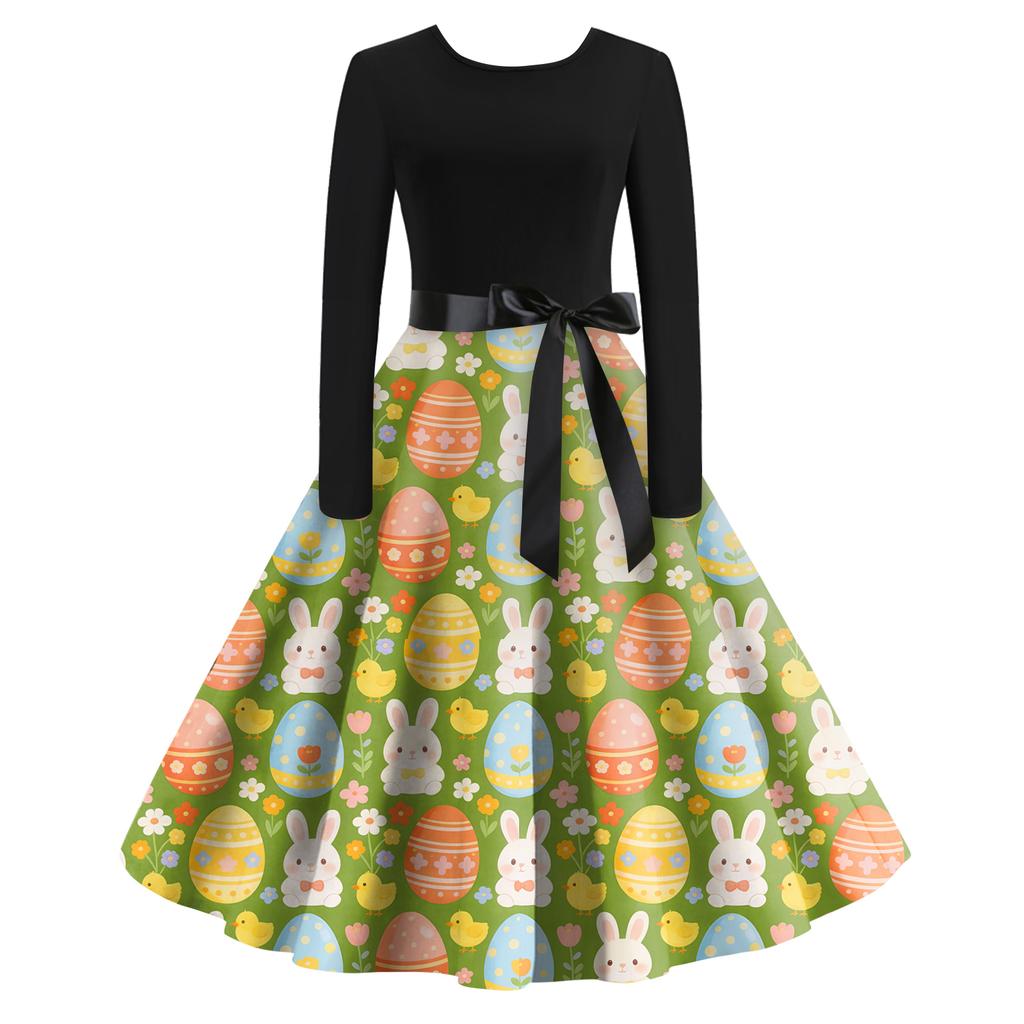 Rochie Retro cu Imprimeu de Crăciun, Casual, de Modă pentru Femei, cu Gât Rotund, Mâneci Lungi