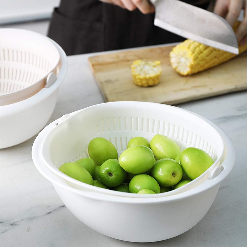 Double Layer Swivel Drainer 2 in 1 Bowl Strainer Combo - Kitchen Colander Fruit Wash Strainer for Cleaning Veggies, Noodles (White)