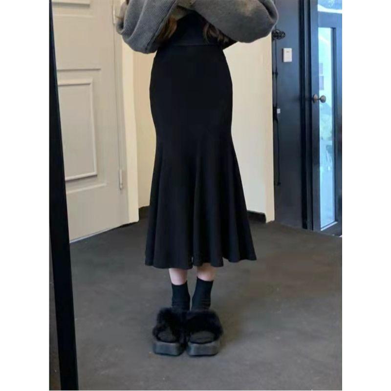 New Fall Women's Clothing Knitting Skirt High Waist A- line Slimming Hip Skirt Retro Temperament Wild Mermaid Dress
