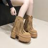 Fashion Women Tassels High Heels 9CM Thick Platform Short Boots Suede Chunky Shoes Woman Autumn Winter Platform Motorcycle Boots Botas