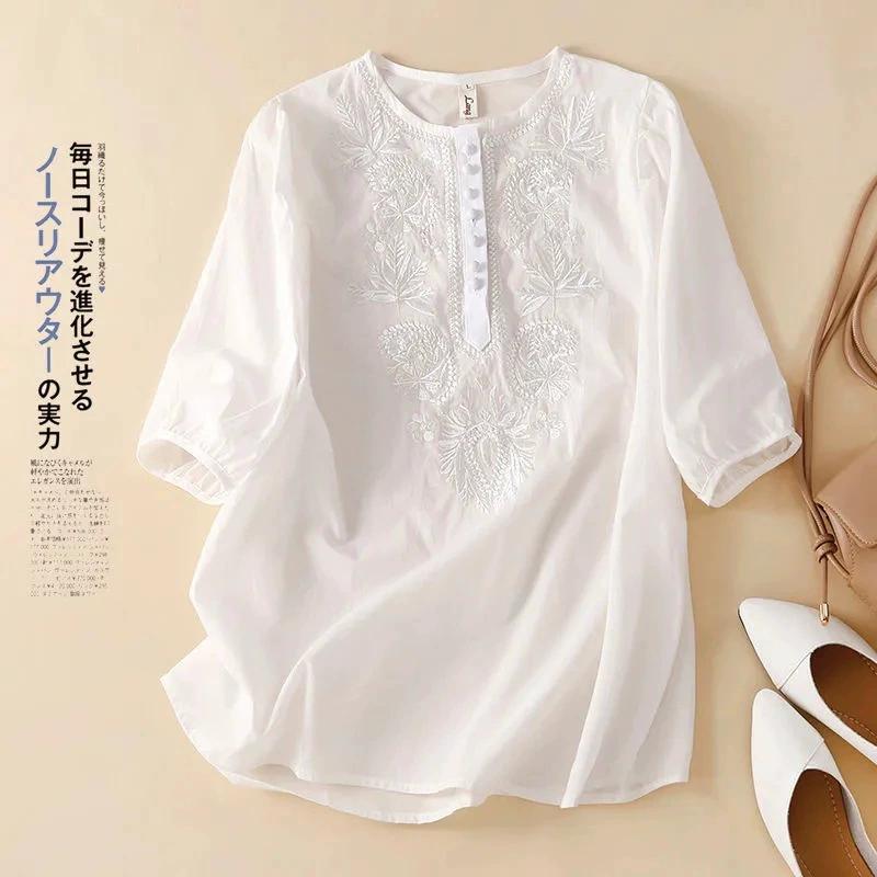 Damen Chinesischer Stil Aprikosenfarben Floraler Druck O-Ausschnitt Kurzarm T-Shirt Damen Bluse Hemd Koreanische Mode Damenbekleidung Oberteile