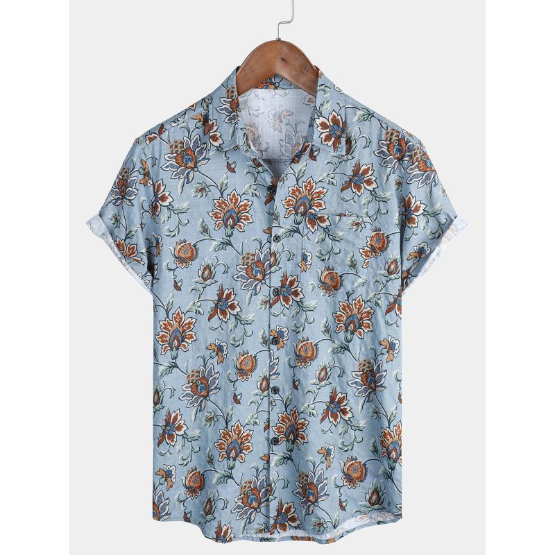 Retro floral print short sleeved shirt for men's casual lapel single breasted shirt 3D printed polyester short sleeved shirt
