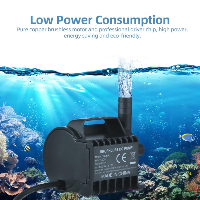 Submersible Water Pump Electric 500L/H Small Fountain Pump with Max 4.9ft Lift, 6.5ft USB Cable and Suction Cup Base Portable