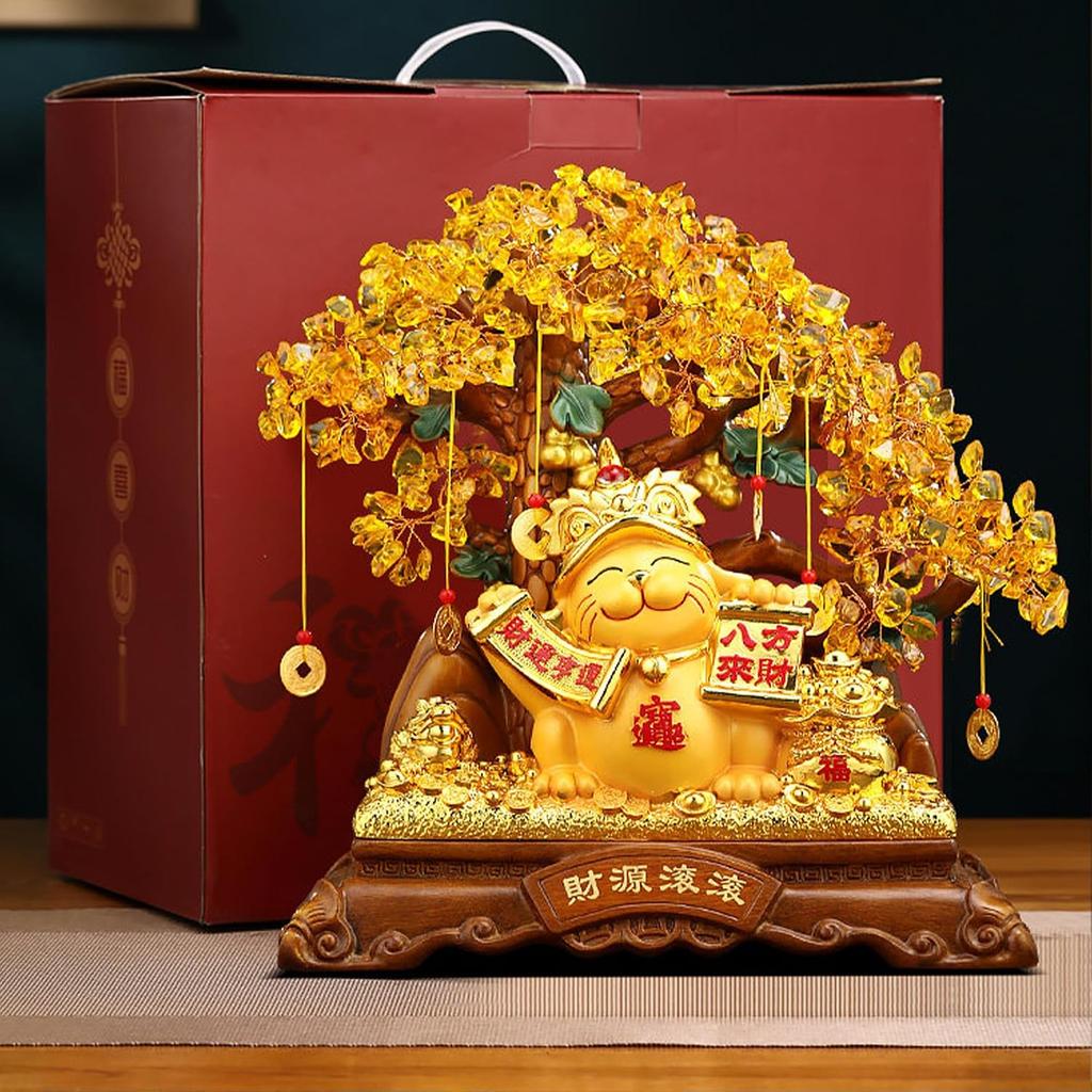 Feng Shui Money Cat Resin Sculpture with Crystal Fortune Tree, Lucky Wealth Charm with "Wealth Flowing In" Inscription,Gift for Office/Home Decor