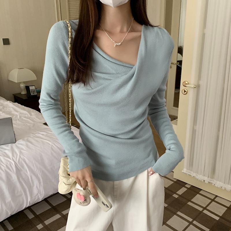 French Swing Collar Long Sleeve Bottoming Sweater Women's Autumn Side Pleated Waist Diagonal Shoulder Sweet Spicy Inner Top