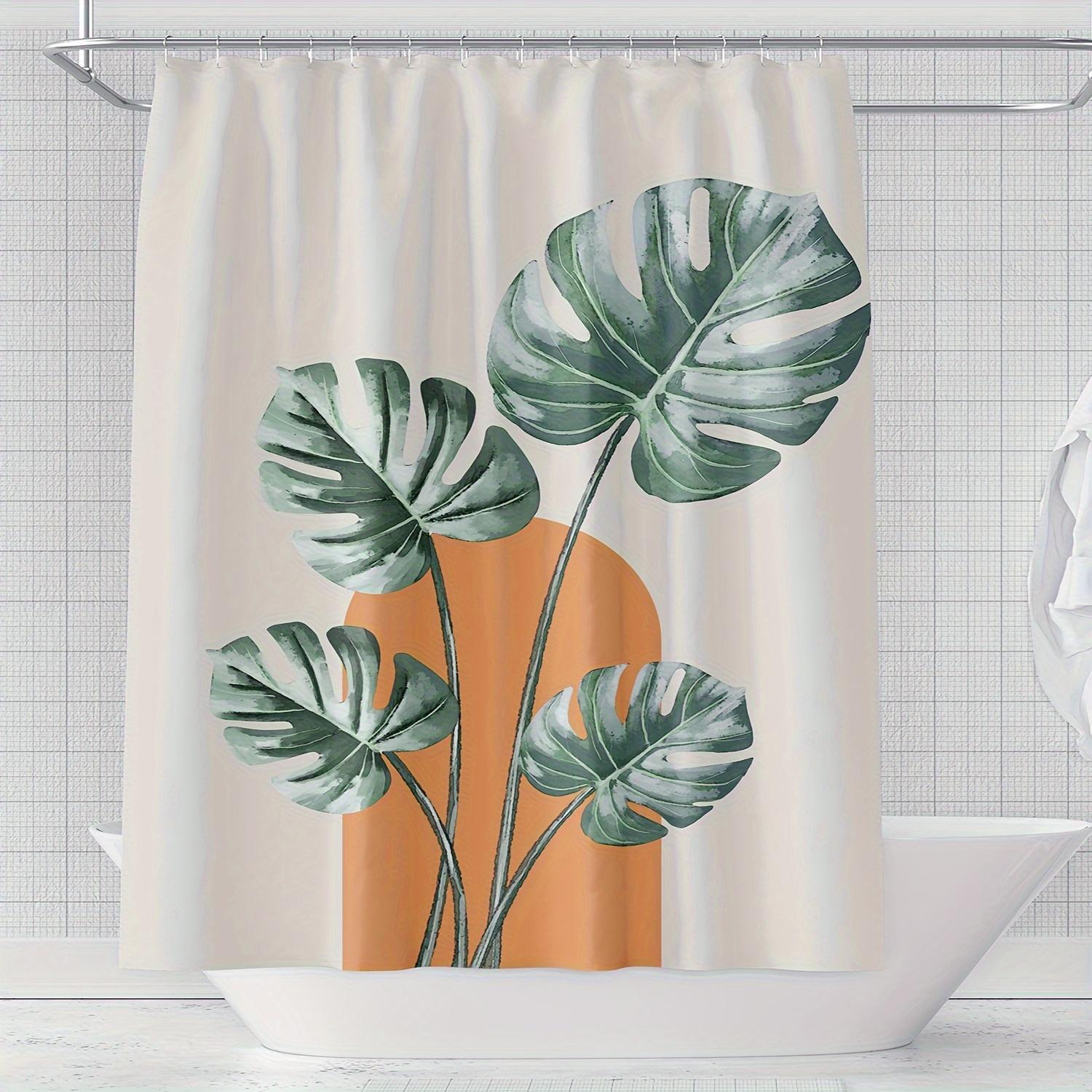 

1Pc Polyester Shower Curtain With Tropical Monstera Leaf Print , Green & Orange Botanical Design For All Seasons W60H190(CM)-1 Pcs