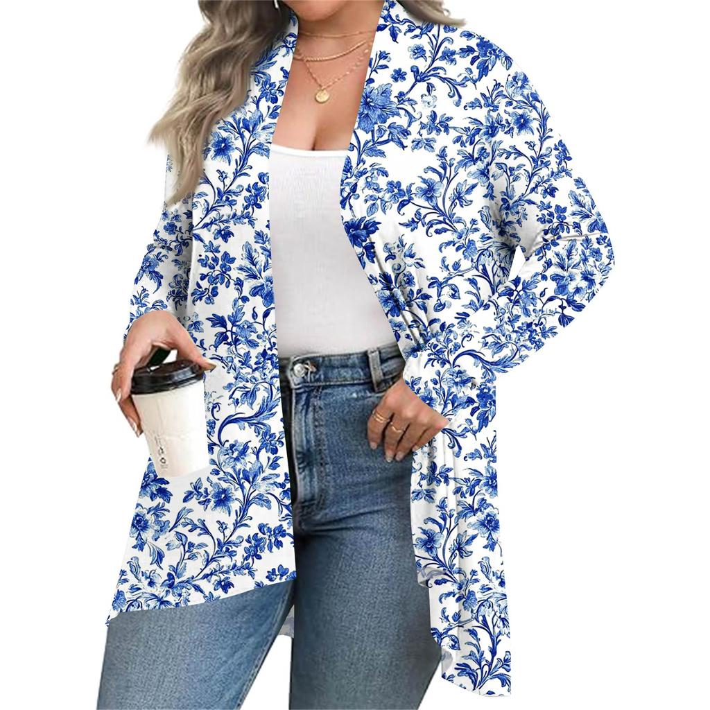 Women's Fall And Winter Fashion Casual Print Long Sleeve Mid-Length Cardigan Jacket