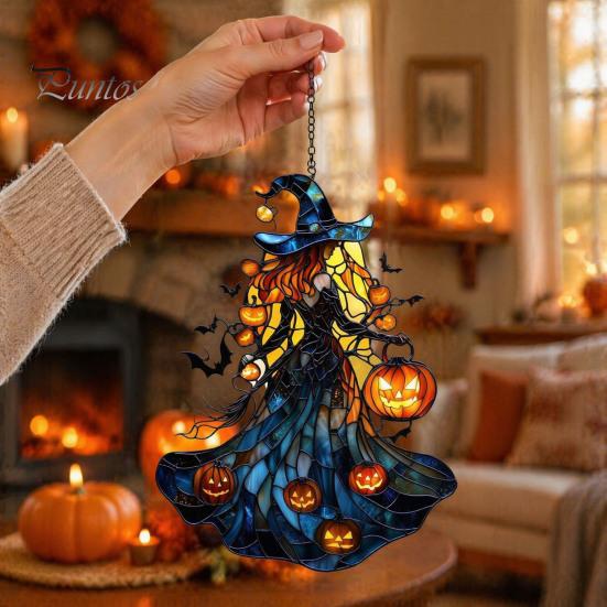 Decorative Chain Hanging Witch Acrylic Suncatcher, Stained Glass Effect Window Car Ornament, Gothic Scary Art with Pumpkin Lantern Sun Catcher