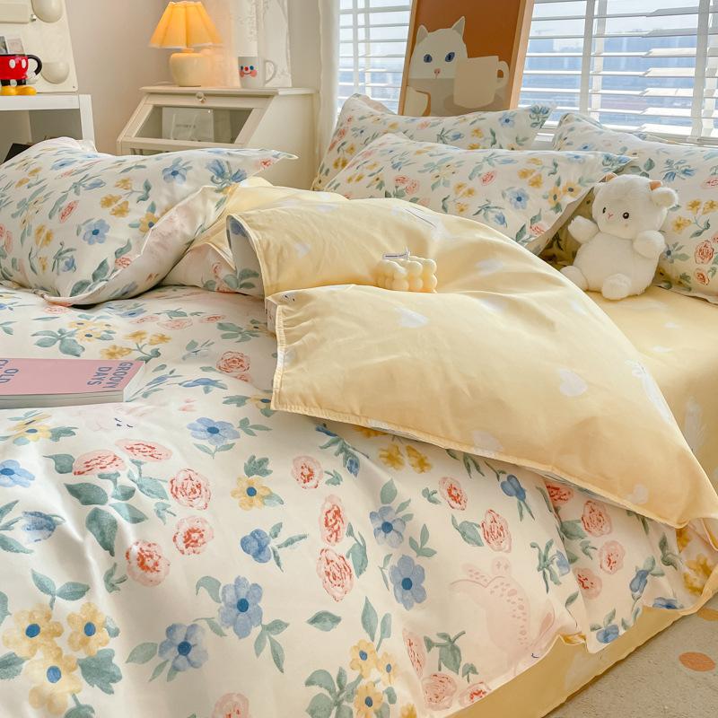 Washed Cotton 4Pcs Set, Spring And Autumn 1.8M Bed Sheet Double Quilt Set 3Pcs Home Textile