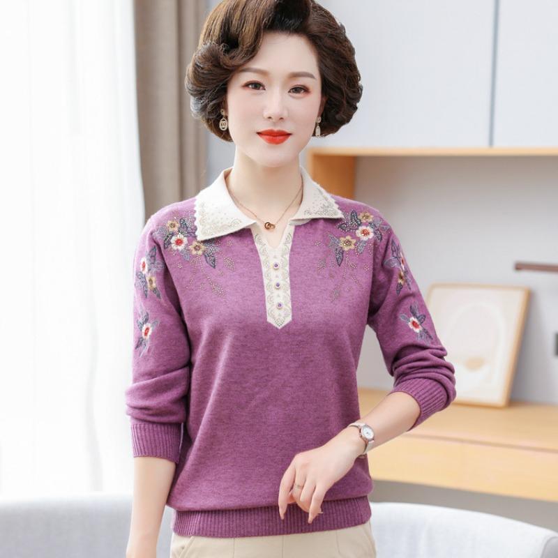 Mom Lapel Knitted Sweater Medium and Old Spring Long-sleeved Sweater Bottoming Shirt Middle-aged Women's New Thin Sweater