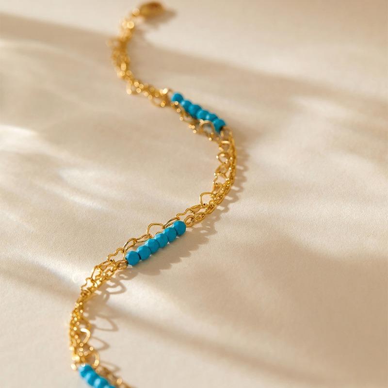 Handmade Turquoise Anklet 18k Gold Plated Niche Design Heart Chain Beach Vacation Foot Jewelry