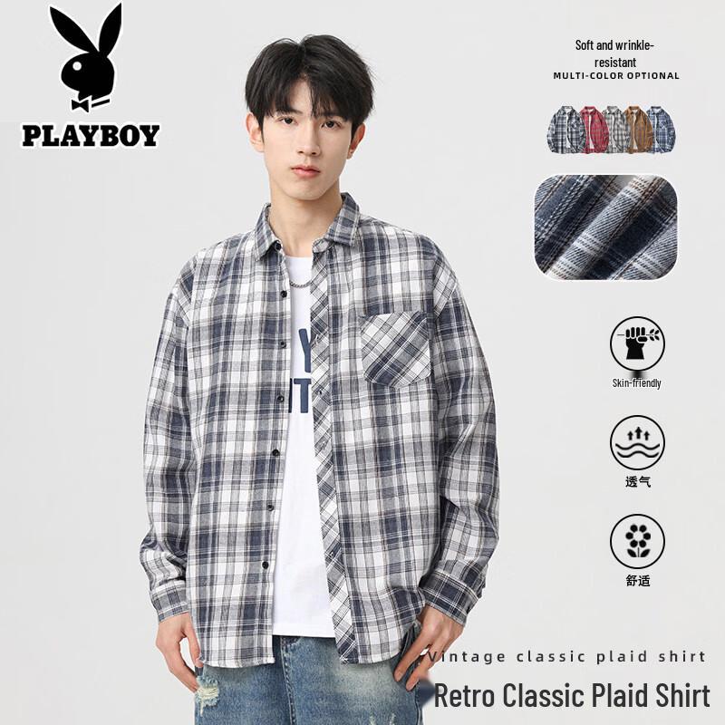 PLAYBOY Men s Loose Fit Plaid Long-Sleeve Shirt XL