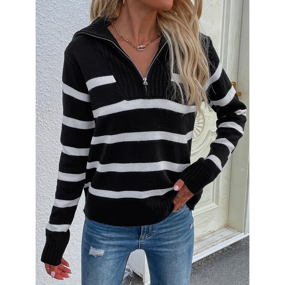 

Осенне-зимняя вязаная женская трикотажная рубашка в полоску с высоким воротом и длинным рукавом на молнии, свитер для женщин