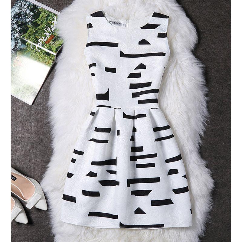 

New Arrival 7080 Women s Clothing Fashion Print Dress Silm Slim Looking Sleeveless A- line Skirt 7417 White L