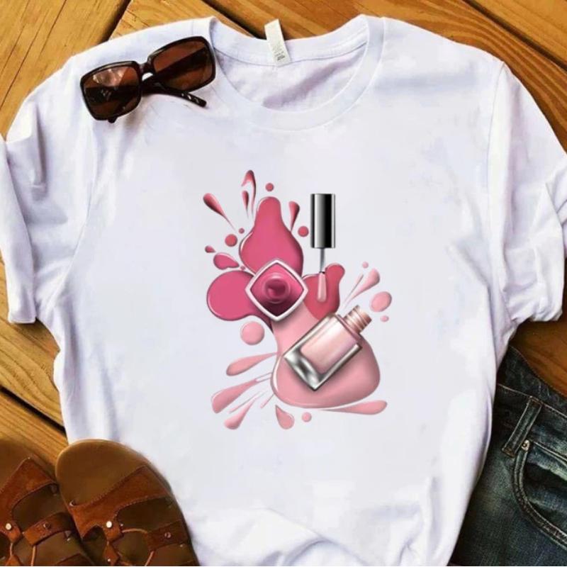 European and American Nail Polish Simple Women's Casual Cute Large Size Short-sleeved T-shirt Women Clothes Tops