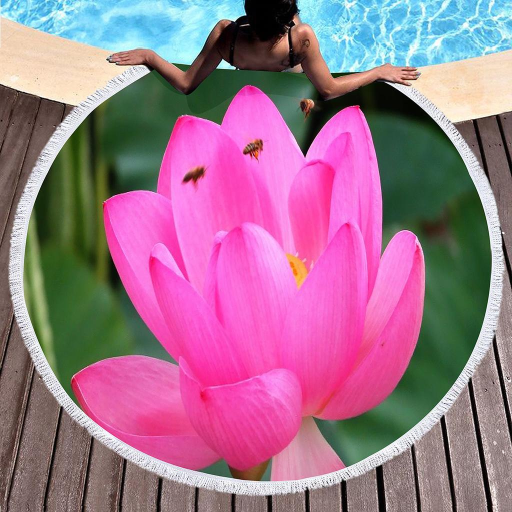 Lotus Pattern Round Beach Blanket, Microfiber Quick Dry Towel with Tassels for Picnic Bathroom Pool Surfing Outdoor Meditation