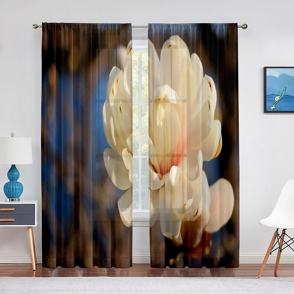 Weißer transparenter Vorhang mit Magnolienblumenmuster für Wohnzimmer, Küche, Fenster, Schlafzimmer, Dekoration, Blumen-Voile, zum Aufhängen, eleganter Tüllvorhang