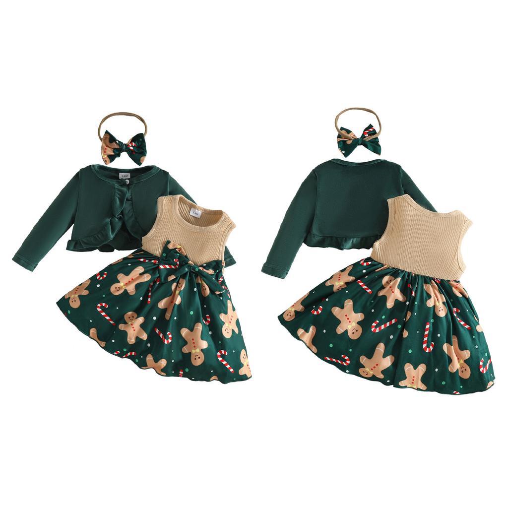 Toddler Girl Christmas Party Dress Set 3-Piece Velvet Cardigan with Headband for Holiday Photo Shoot Outfit