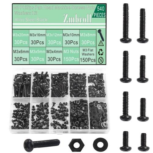 

Zmbroll M3 Machine Screw Assortment Kit, 540pcs M3x4/5/6/8/10/12/16/20mm, Black Pan Head, Fully Threaded Carbon Steel Machine Screws, Phillips Drive F