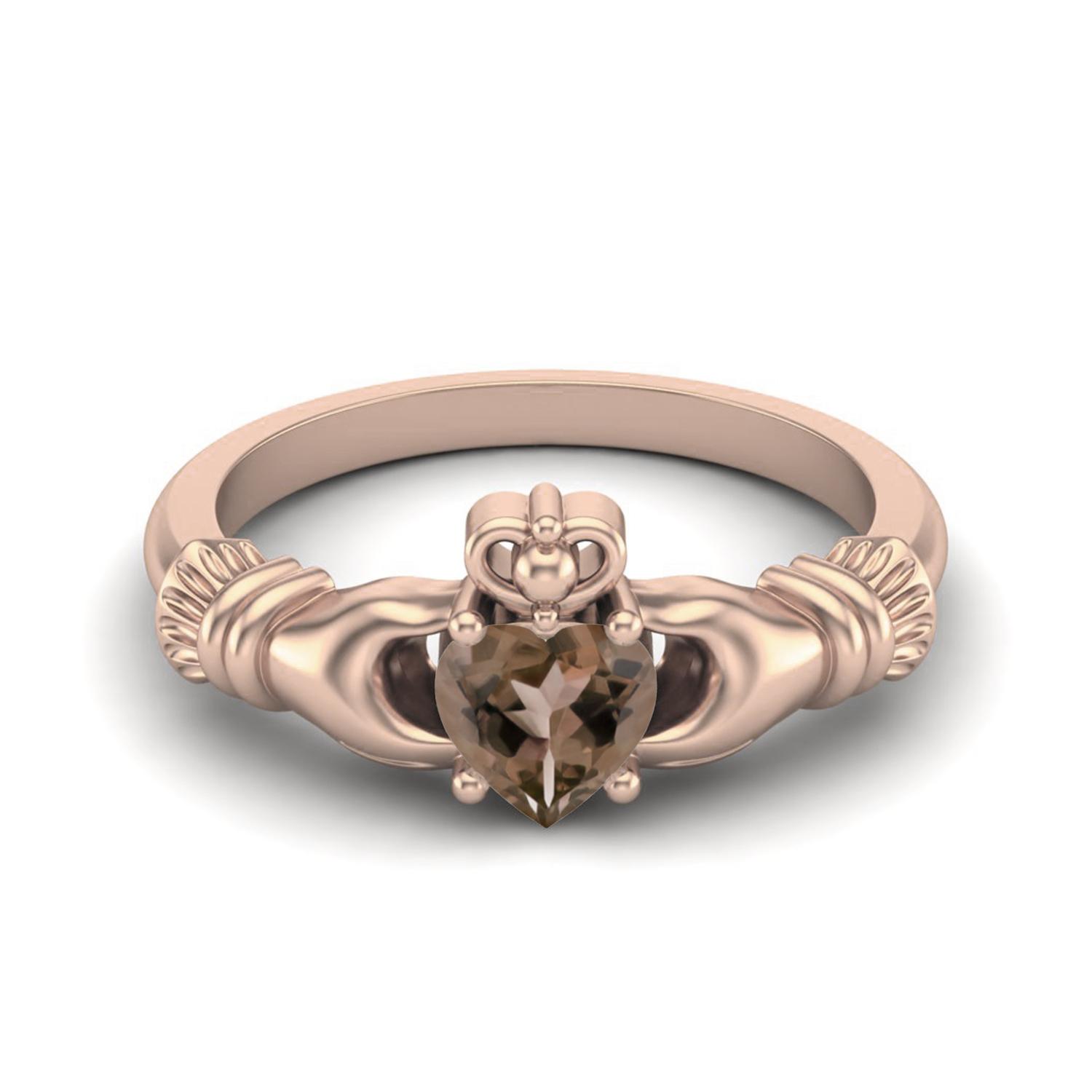 Ирландский Claddagh 5 мм Сердце Дымчатый Кварц 925 Проба Стерлинговое Серебро Розовое Вермейль Солитер Женское Обручальное Кольцо 10