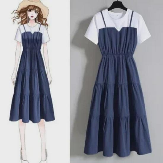 2022 Summer Korean Faux Two-Piece A-Line Suspender Dress for Plus Size
