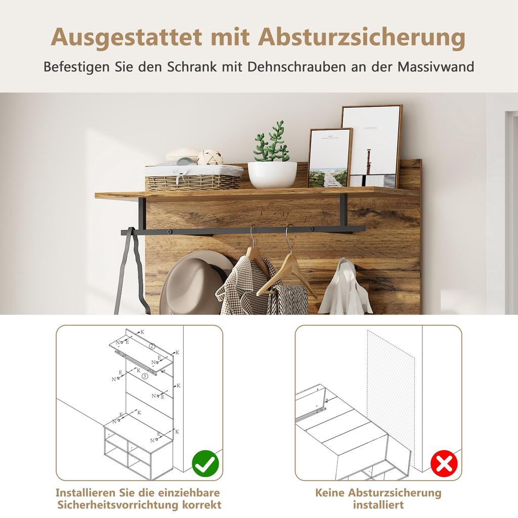 Flurgarderoben Set 175cm hohes, Stylishe Schuhbank, Regal, Kleiderhaken, Kleiderstange, Wandgarderobe verstellbarem Regal, Holzfarbe