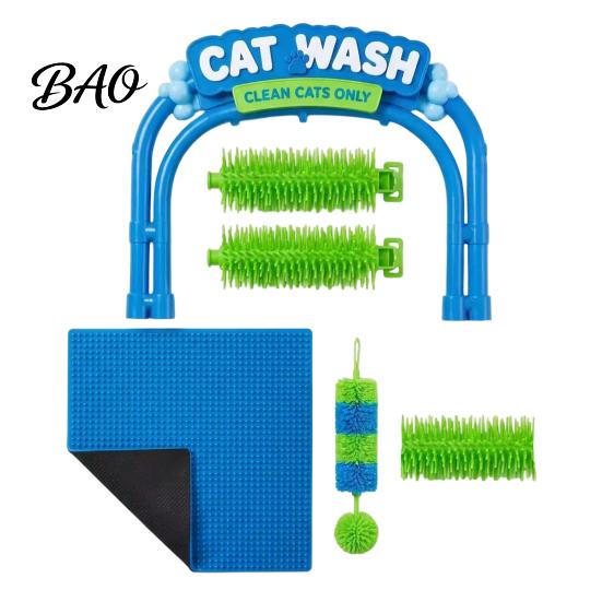 Stazione di Lavaggio e Toelettatura Rimuovi Peli di Gatto, Auto-Toelettatore, Design ad Arco in Silicone con Spazzole Morbide, Massaggiatore Raschietto per Interni