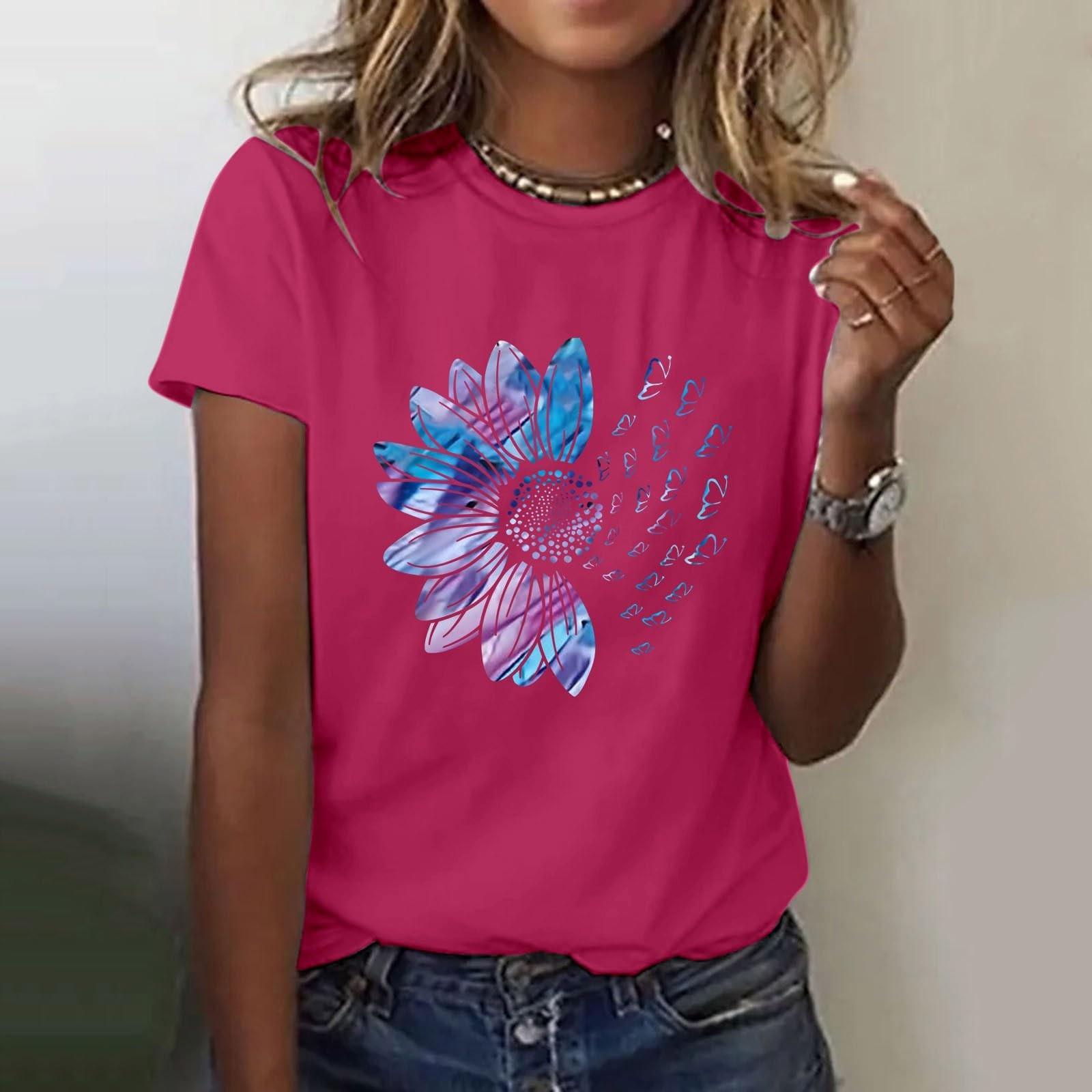 

Женская повседневная футболка с короткими рукавами и круглым вырезом с цветочным принтом Топ XL