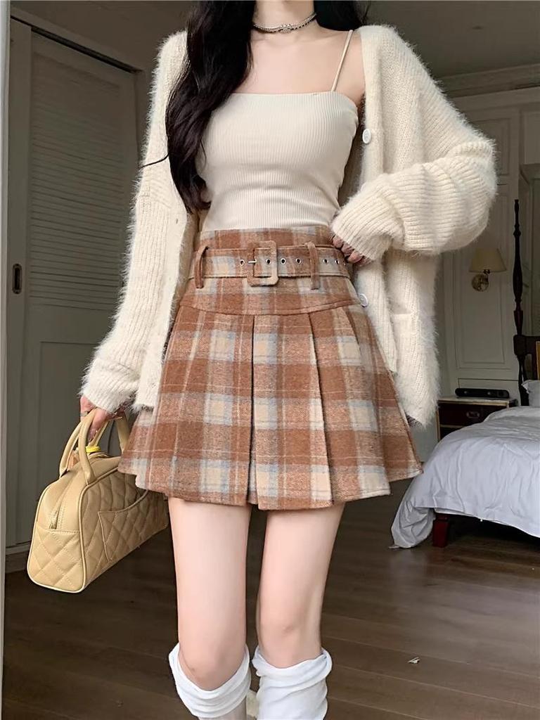 Women's High Waist Plaid Wool A-line Pleated Skirt with Belt - Thickened for Autumn/Winter 2026 Retro Style