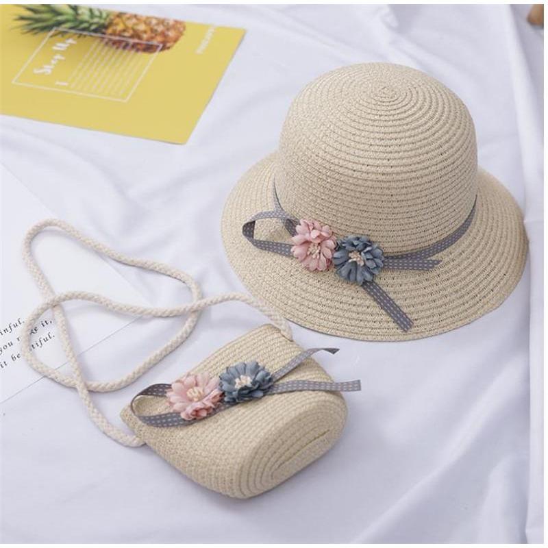 Strohhut für Kinder Sommer Mädchen Strandhut Kinder Sonnenhut Mädchen Sommer Strohhut Tasche Set Sonnenschutz Japan