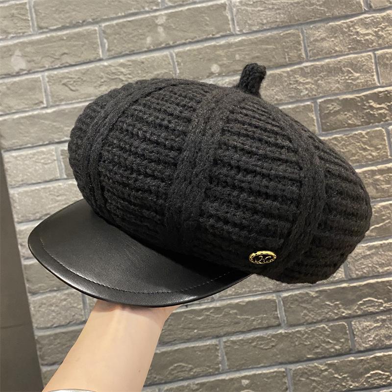 Simple big head circumference knitted beret women's spring and autumn British retro face small octagonal hat PU newsboy hat