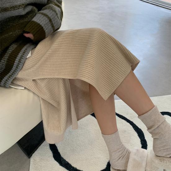 Women Midi Skirt High-Waisted Solid Color Casual Style Knitting Skirt Autumn Winter Side Split Hem Skirt Versatile Daily Wear