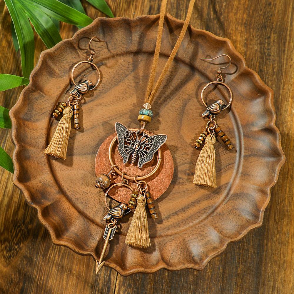 Vintage Bohemian Bird Dreamcatcher Earrings Necklace for Women Ethnic Creative Flower Wood Beads Tassel Brown Boho Jewelry