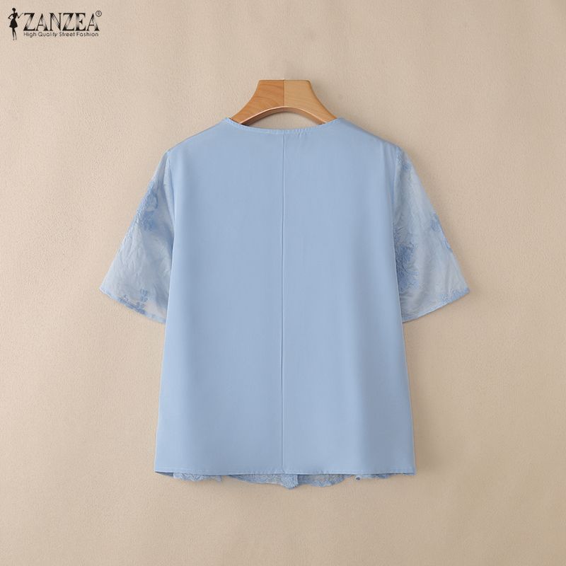 ZANZEA Women Elegant Embroidery Lace Patchwork Casual V-Neck Short Sleeve Blouse