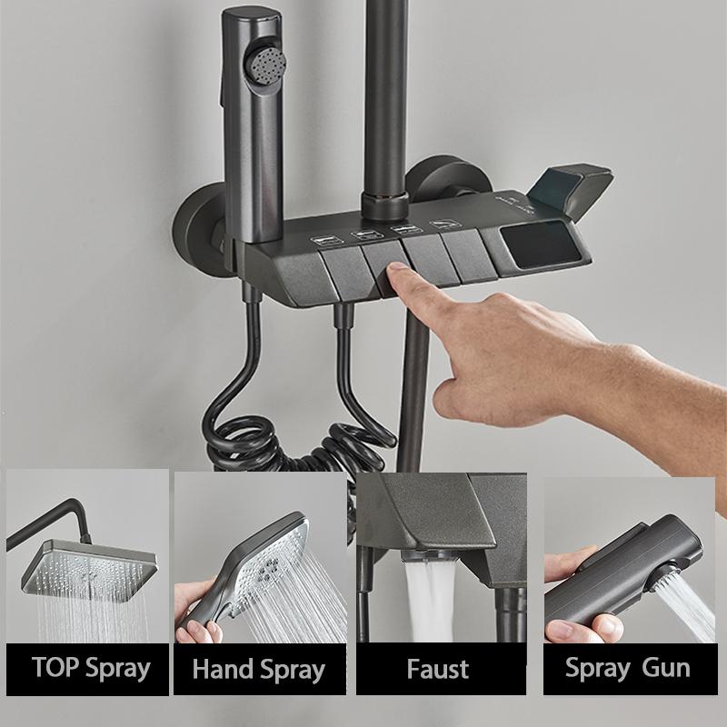Grey Piano Digital Shower Set Intelligent Brass Bathroom Faucets Hot Cold Waterfall Tap Rainfall Gray Shower System Chuveiro