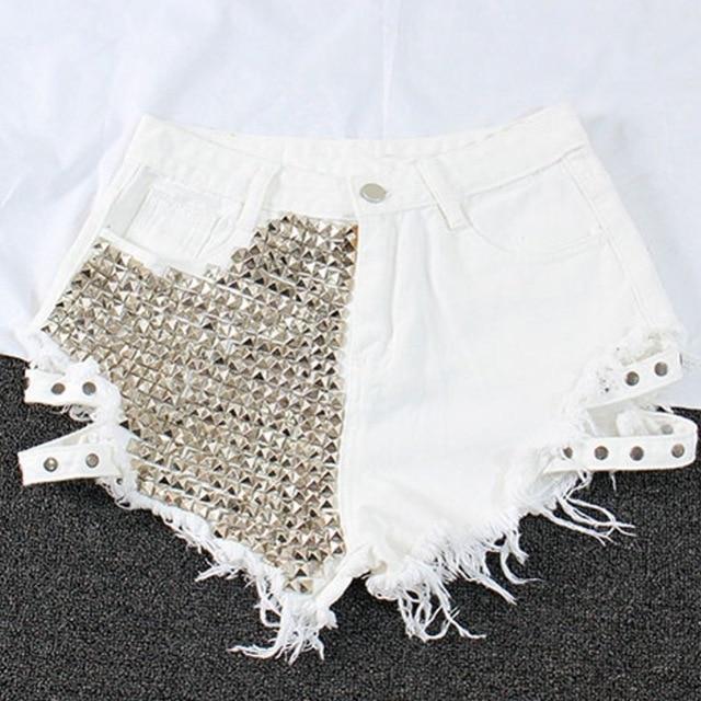 Brand de modă pentru femei, vintage, cu nituri, blugi cu talie înaltă, punk, pantaloni scurți din denim