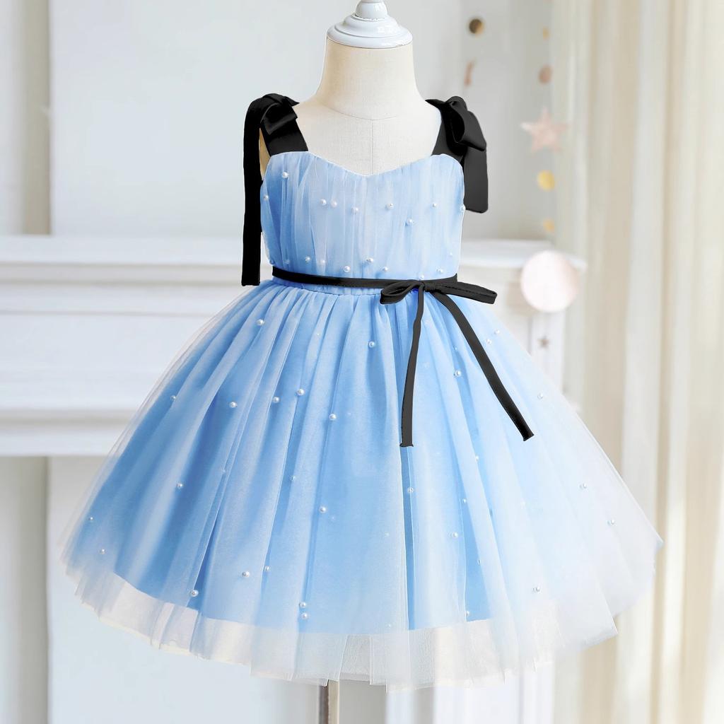 Summer Baby Girls Party Dress Kids Bow Fluffy Tutu Gown Flower Girls Blue Dresses Wedding