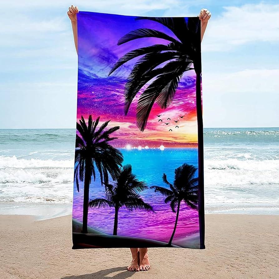 Neon Sonnenuntergang Palmenbaum Druck Strandtuch Schnelltrocknendes Handtuch Weiches Leichtes Saugfähiges Handtuch für Sommer Strand Pool und Reisegebrauch