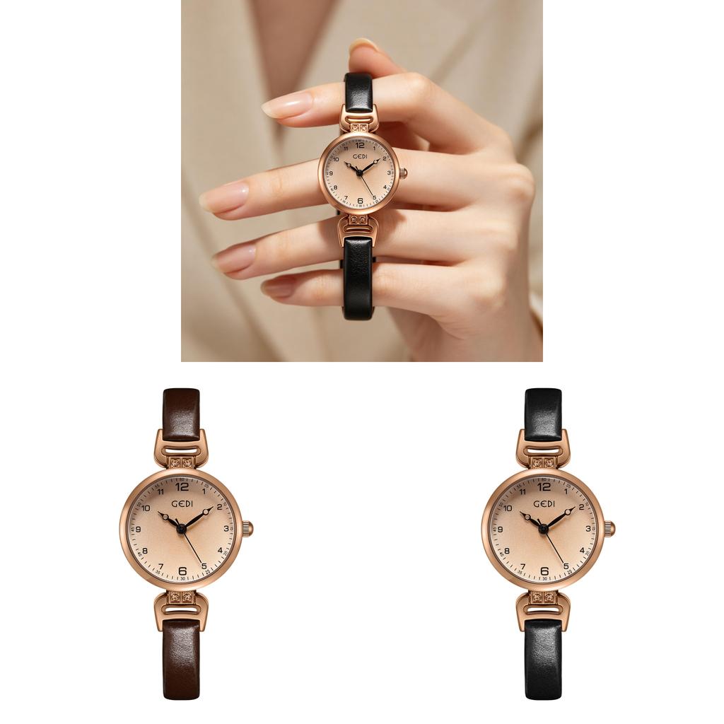 Gadi Vintage Small Round Female Quartz Wristwatch With Leather Strap For Office Wear