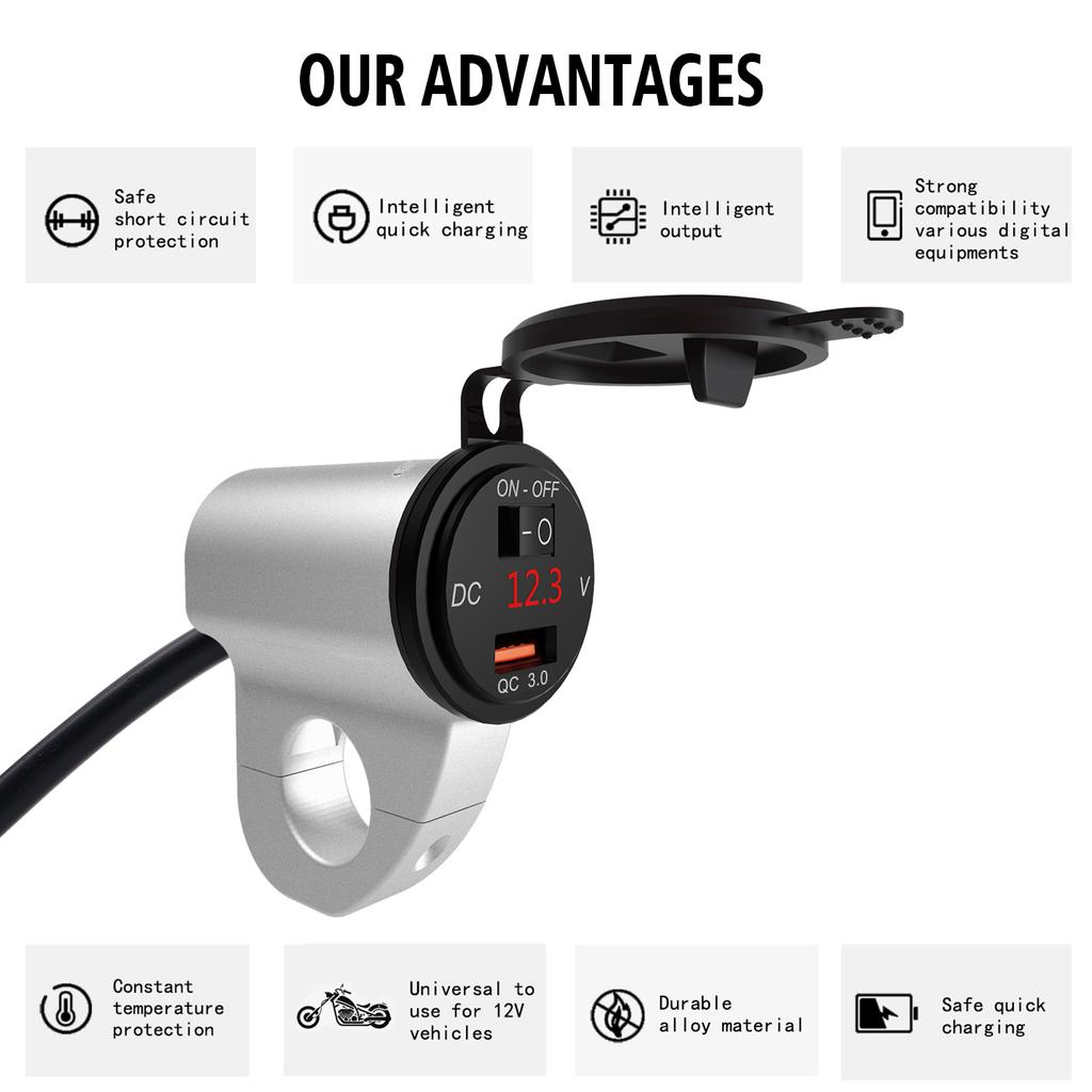 12V Motorcycle Handlebar 2.4A USB Adapter Charger with Digital Voltmeter Fits for 22mm-26mm Handlebars