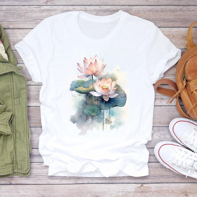 (European Size) 90s Tee Top Clothing Flower Watercolor Trend Cute Casual Short Sleeve Fashion T-shirt Women Print Lady Female Graphic T-shirt